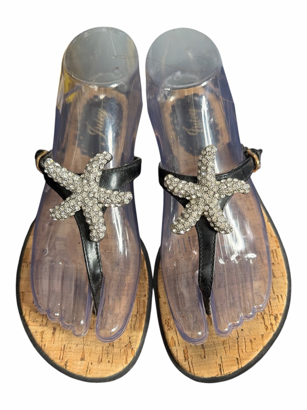 Juicy Couture Crystal Starfish Black Leather Thong Sandals size 7 please see pic